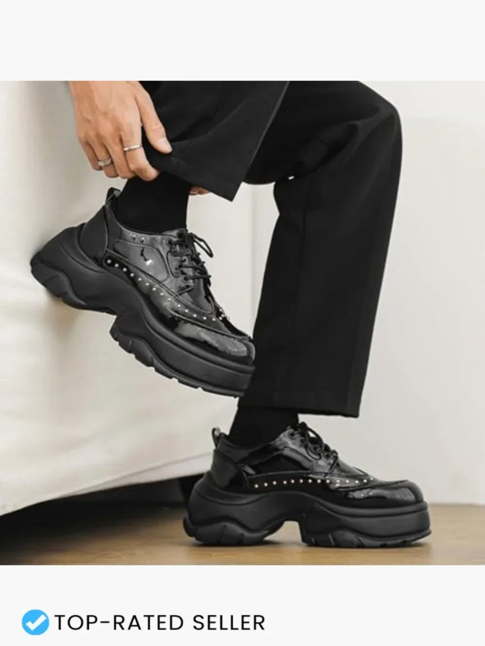 Patent Leather Rivet Platform Motorcycle Boots with Side Zipper Chunky Block
